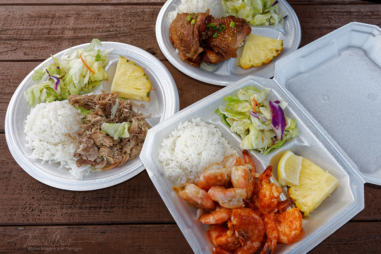 Hungry? Choose from our Shoyu Chicken, Kalua Pork, or Shrimp plate lunches